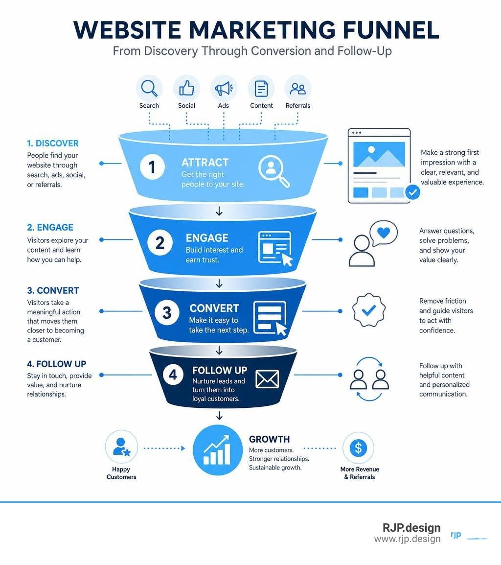 Website marketing funnel from discovery through conversion and follow-up infographic