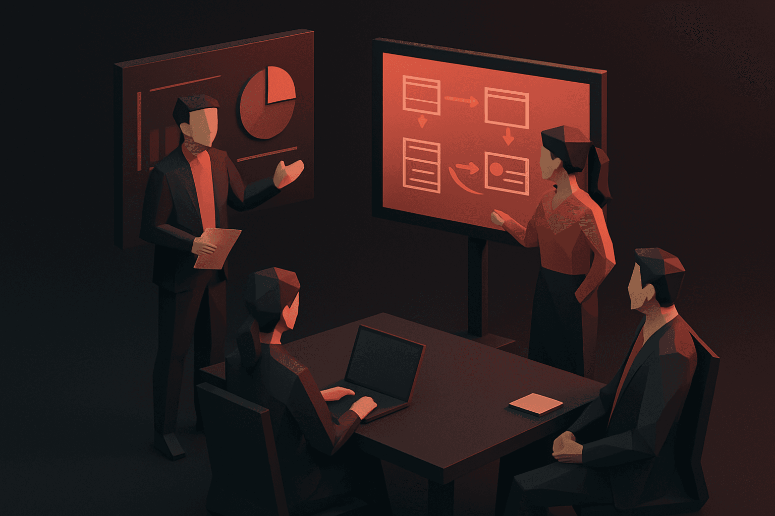 Low-poly business team in a meeting room discussing flowcharts and data visualizations on large presentation screens