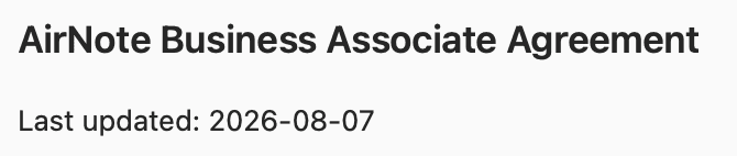 The AirNote Business Associate Agreement heading and its last-updated date in the document reader.