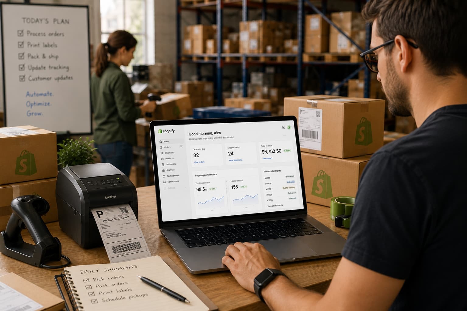 Warehouse employee monitoring Shopify shipping dashboard while colleagues prepare customer orders in a modern fulfilment centre.