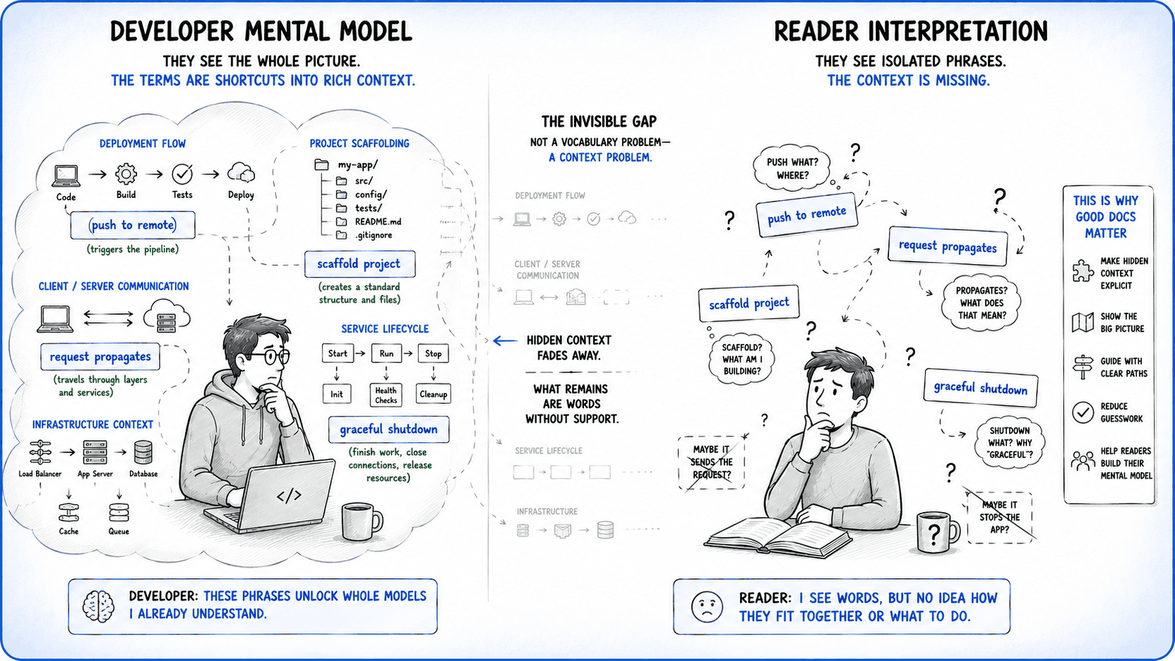 Side-by-side diagram contrasting how developers and non-technical readers interpret the same technical terms. On the left, a developer surrounded by a thought cloud shows phrases like "push to remote," "scaffold project," and "graceful shutdown" as shortcuts into rich mental models. On the right, a confused reader sees the same phrases as isolated words with no context, represented by question marks and uncertain guesses. The center labels this "the invisible gap" and notes it's a context problem, not a vocabulary problem. A sidebar on the right lists five reasons good documentation matters: making hidden context explicit, showing the big picture, guiding with clear paths, reducing guesswork, and helping readers build their own mental models.