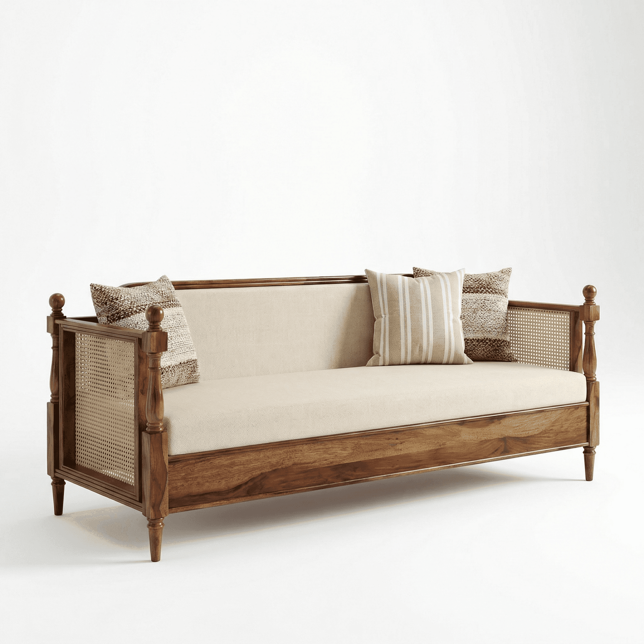 A minimal three‑seater daybed‑style design with clean geometry and an exposed wooden frame.