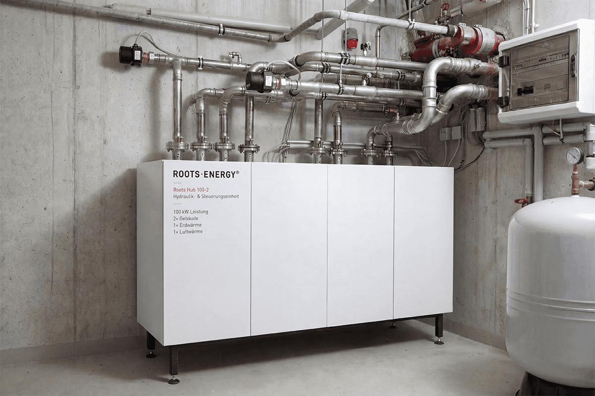 Roots Hub mit hybrider Wärmequelle  aus stiller Luftwärme und Erdwärme