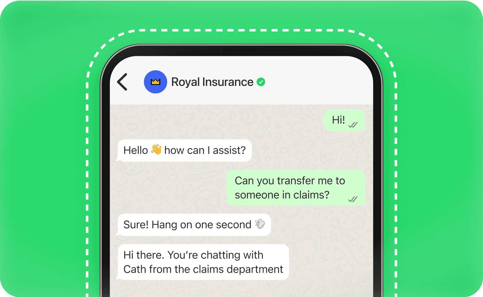 WhatsApp API with Cue: Agent transfer feature in action during a Royal Insurance customer chat.