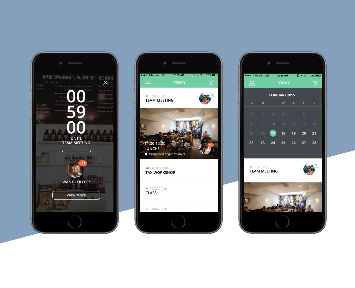 Three smartphones are displayed side by side, each showing different screens. The leftmost phone displays a coffee-themed interface with a timer reading "00:59", a button labeled "View More", and a picture of a coffee cup. The center phone shows a team meeting screen with a photo of a room with people, a clock reading "12:55", and a green header labeled "TODAY". The rightmost phone displays a calendar for February 2015, showing a photo of a room with people, a clock reading "12:55", and a green header labeled "TODAY". All phones have black bezels and display the date and time prominently.