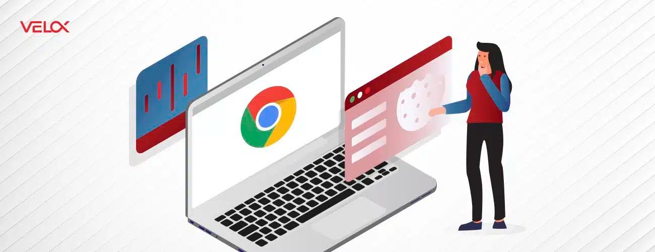 A woman character standing in front of three screens, one with a Google logo