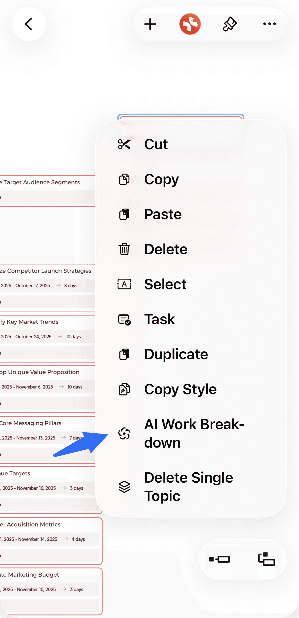 Menu of project management options displayed on screen