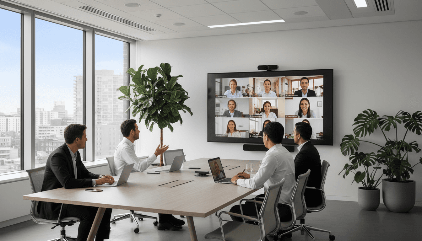 Personen sitzen an einem Konferenztisch und halten ein Meeting mit weiteren Teammitgliedern, die hybrid Arbeiten im DACH-Raum