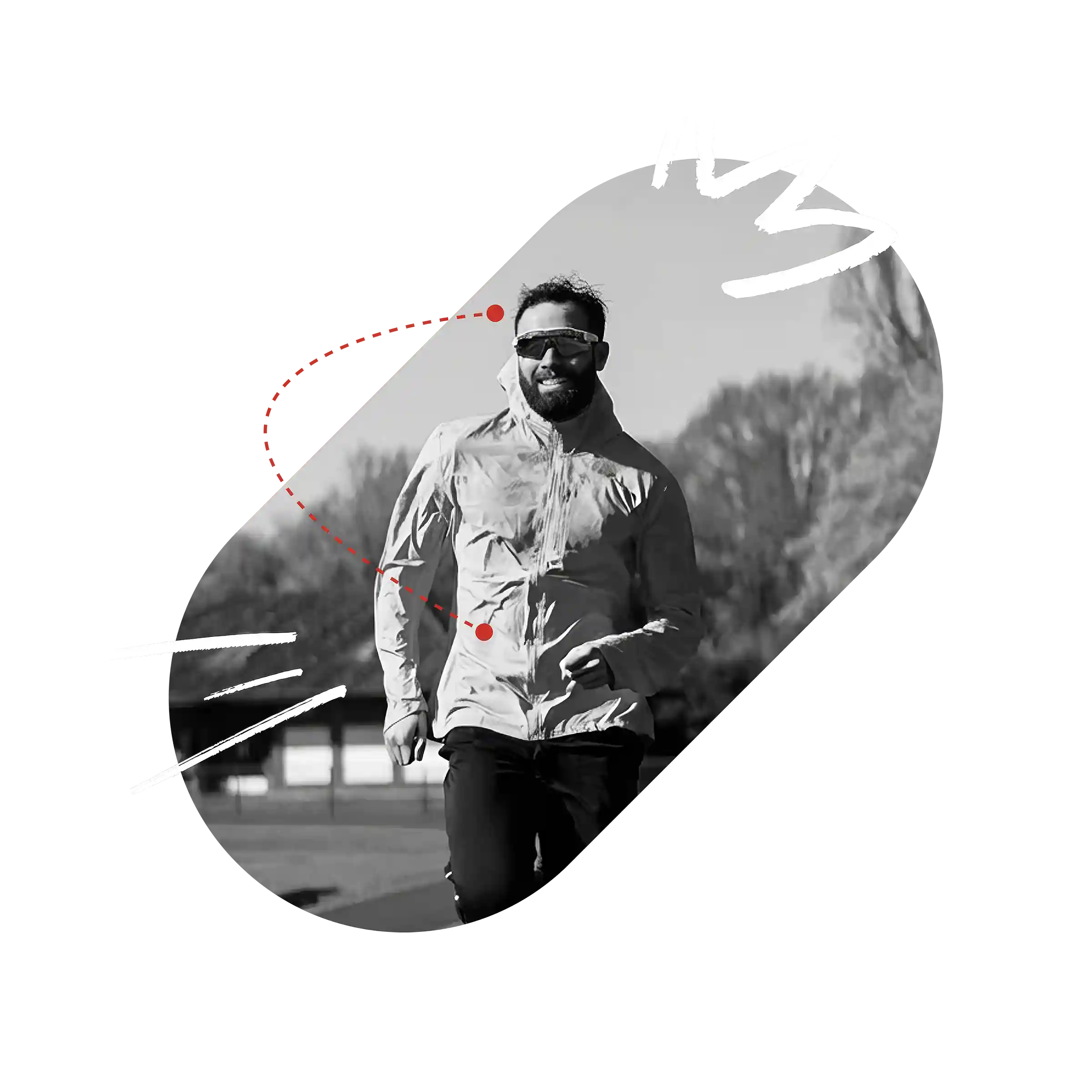 A focused and happy athletic runner with nike like design elements overlayed on image