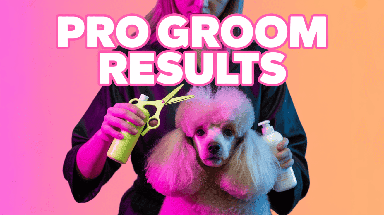 Dog groomer blow-dries fluffy poodle with PRO GROOM RESULTS neon headline
