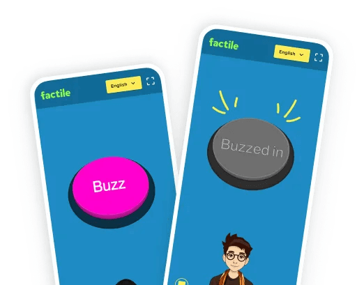 Two phones showing the Factile buzzer interface, one with an active pink Buzz button and another showing Buzzed In