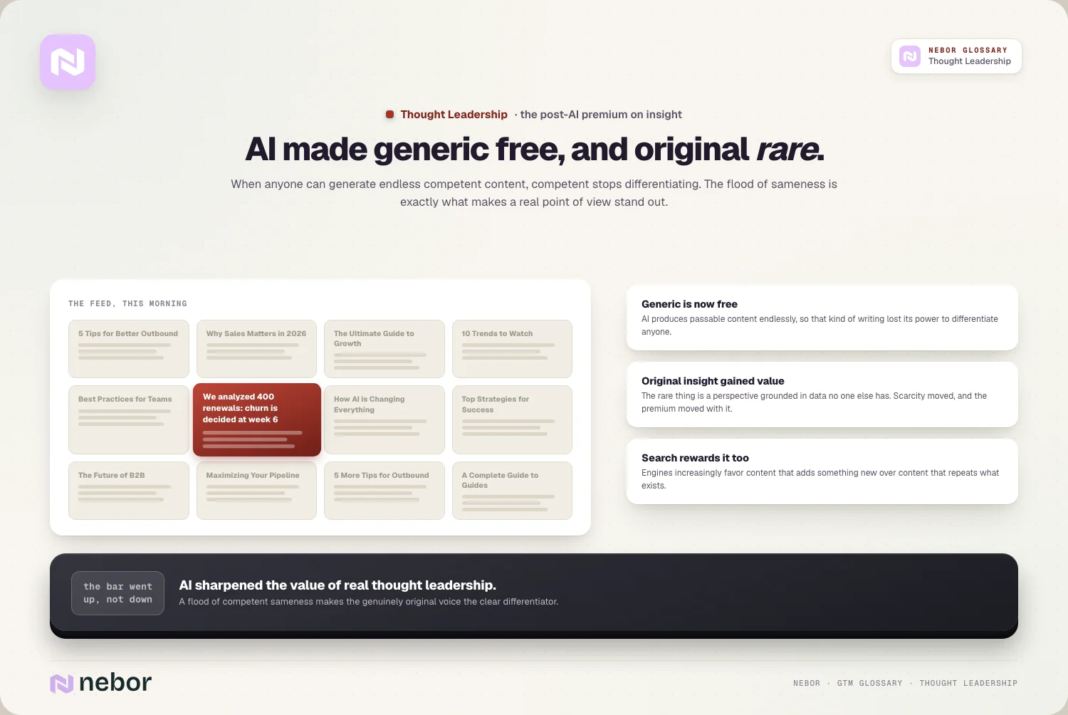 The gray flood: one saturated insight card standing out of the AI-generic feed