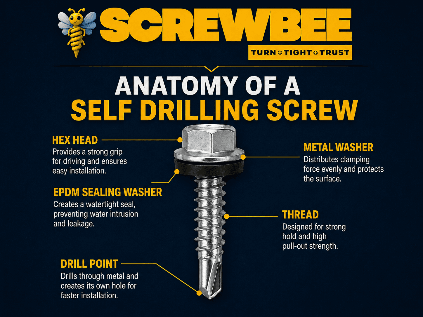 Self drilling screw anatomy showing hex head, metal washer, EPDM washer, thread and drill point