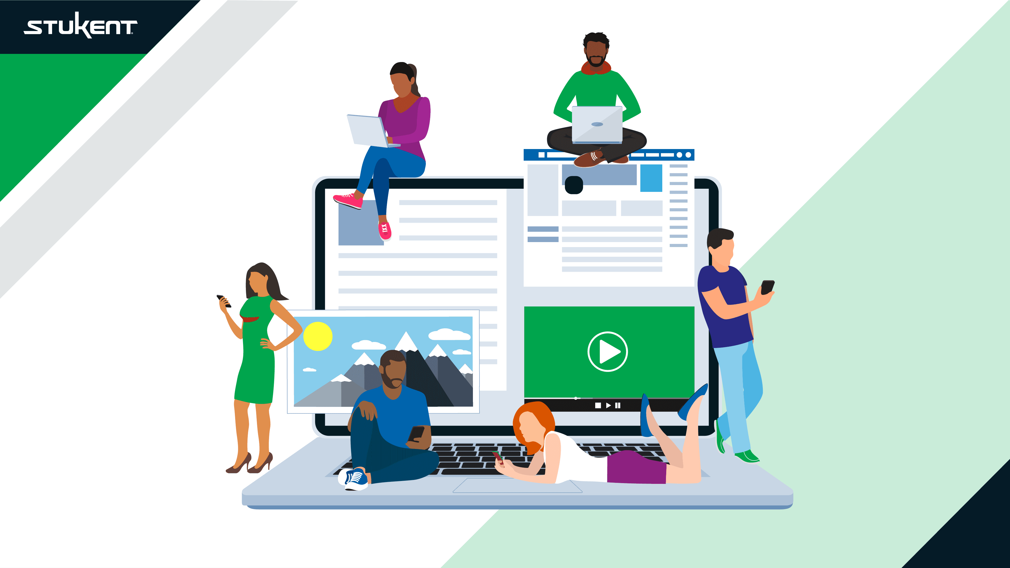 Annimated characters lean against a computer screen