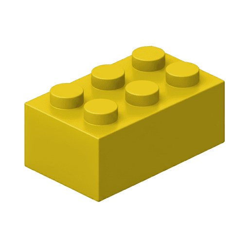 A single yellow Lego brick with four circular bumps on top, viewed from a slightly angled perspective.
