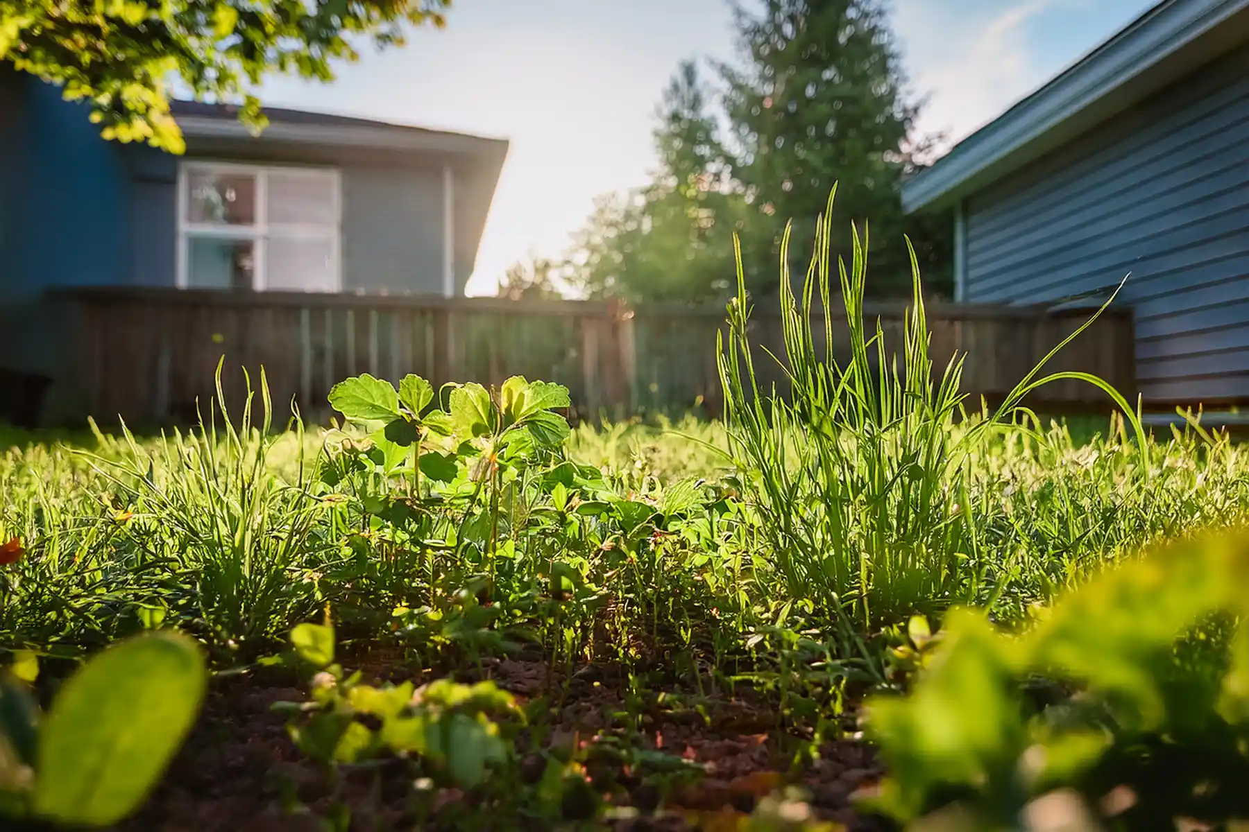 Image of weeds growing in the back yard of a suburban St. Louis home