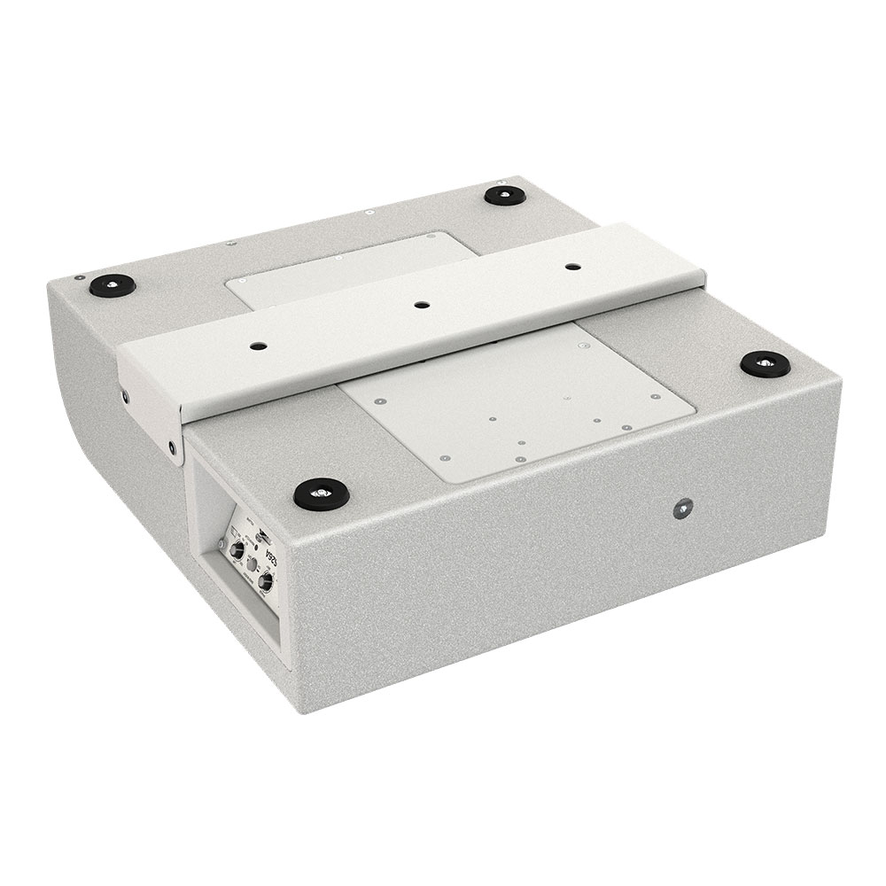 Gray speaker enclosure with metal mounting bracket and ports