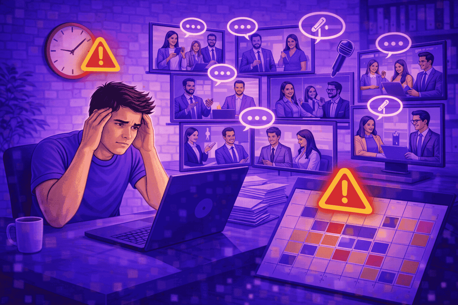 Employee overwhelmed by too many online meetings and a crowded calendar, illustrating meeting overload and fragmented workdays.