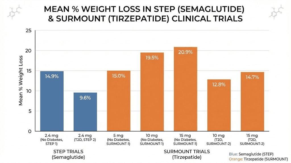 Clinical trial weight loss results comparing semaglutide and tirzepatide by dose