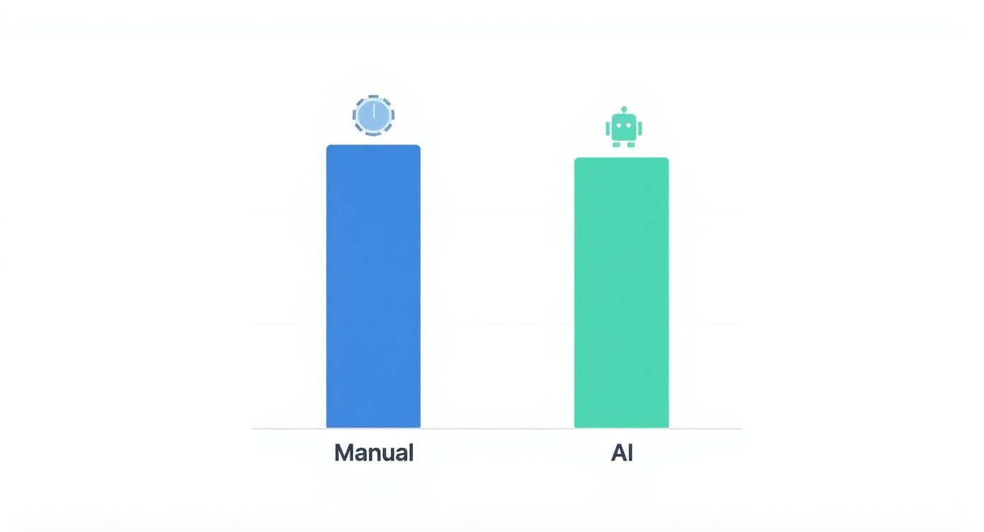 Infographic showing a bar chart comparison between manual and AI video editing time.