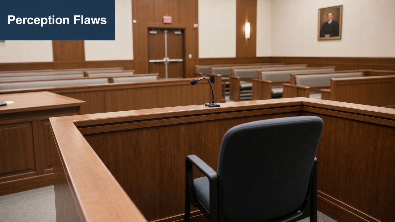 An empty witness stand with a microphone inside a wood-paneled courtroom setting.