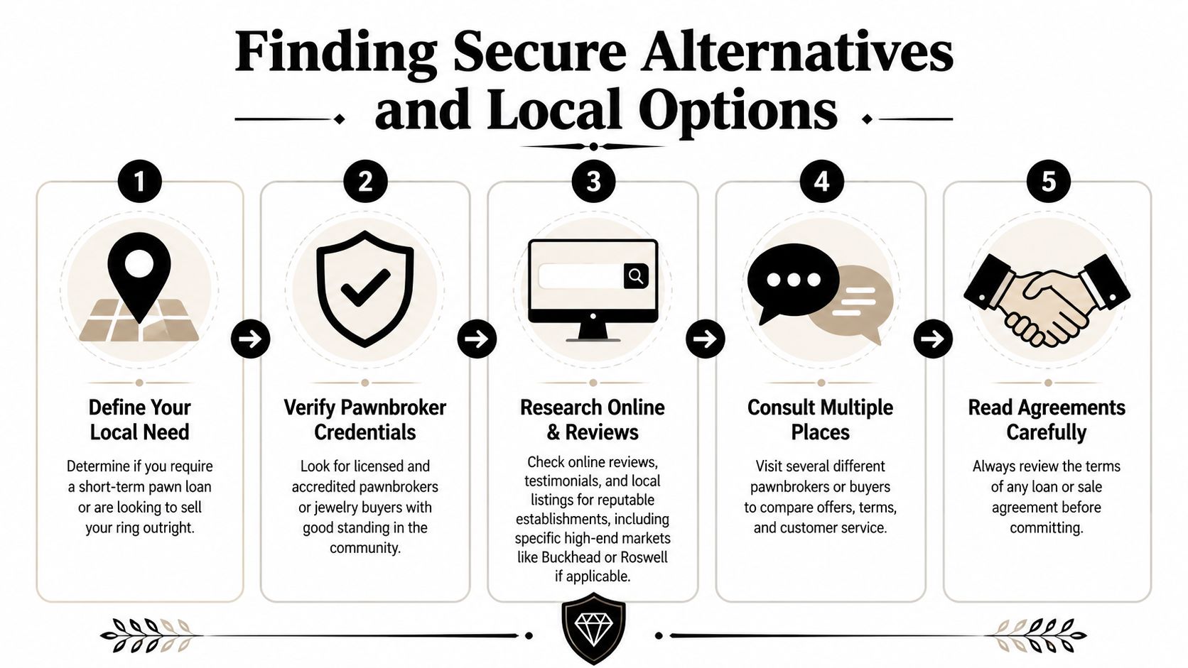 A five-step infographic guide on finding secure local alternatives for pawning or selling a ring.