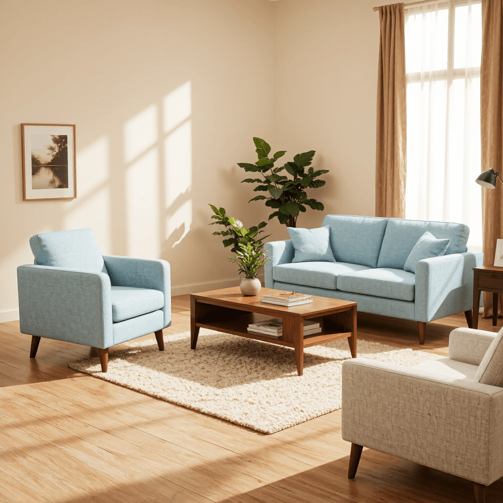 product photography of set of living room furniture including a sofa, armchair, and coffee table