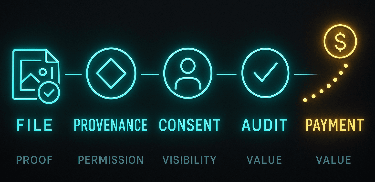 A minimalist infographic showing the flow of digital rights from file creation to payment—five glowing icons labeled File, Provenance, Consent, Audit, and Payment—illustrating how metadata, consent, and auditability connect creative assets to fair compensation.