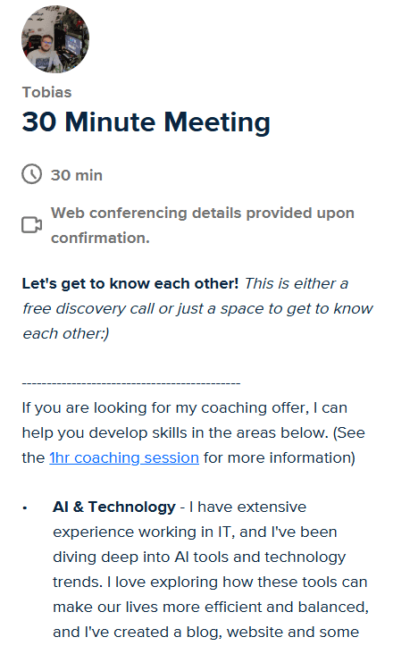 30 minute meeting schedule (using calendly) with Tobias, Founder of Eiren AI