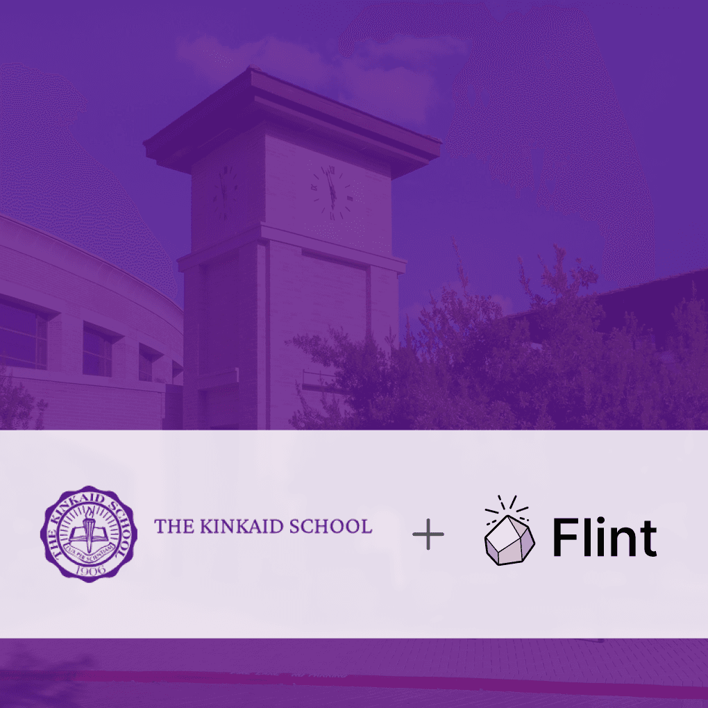 Kinkaid School Logo plus Flint logo overlaid on top of purple picture of Kinkaid school building.