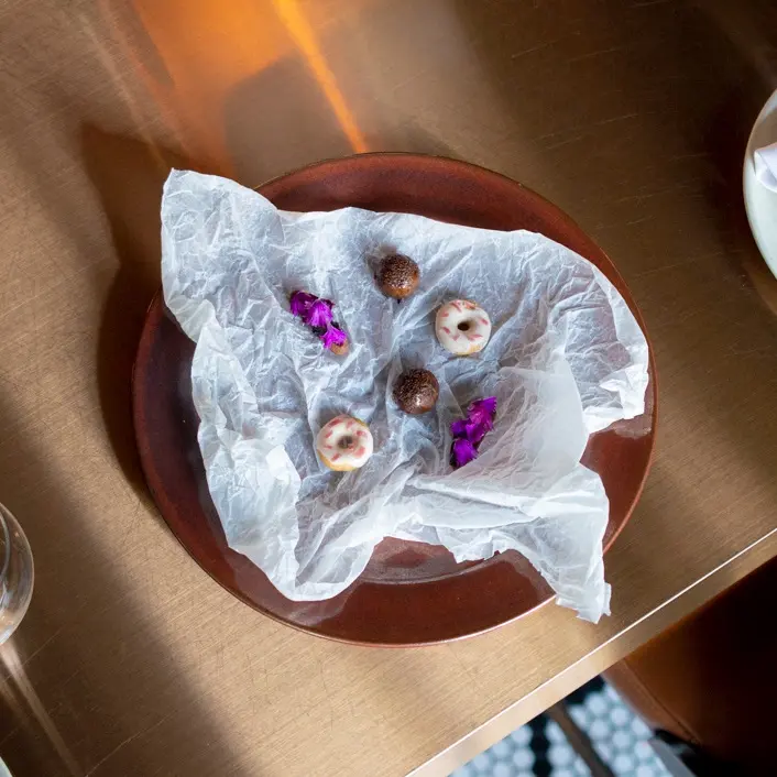 Sticky Rice Doughnuts: Jasmine & Torch Ginger Flower / Chocolate & Cane Sugar / Ginger & Grape