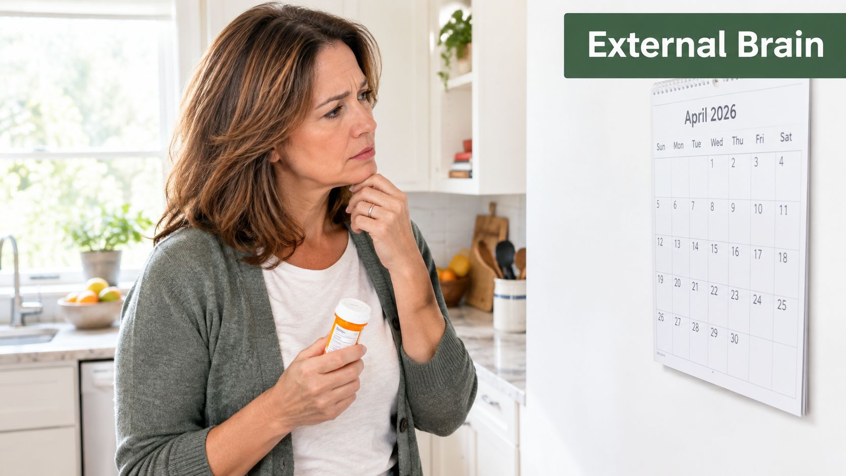 A concerned woman holding a medication bottle and looking at a calendar on a kitchen wall.