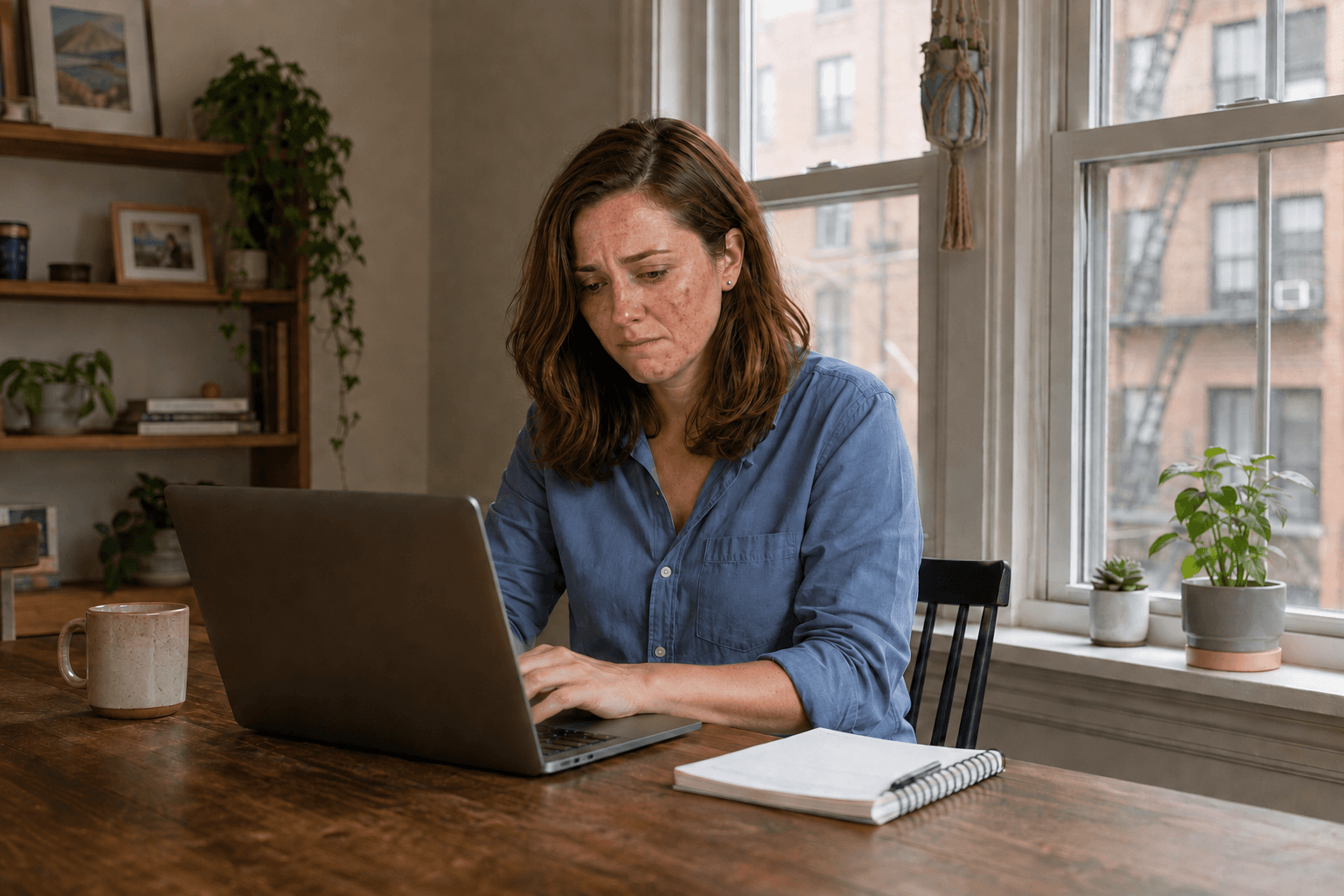 The woman with facial acne works at her laptop beside closed home windows
