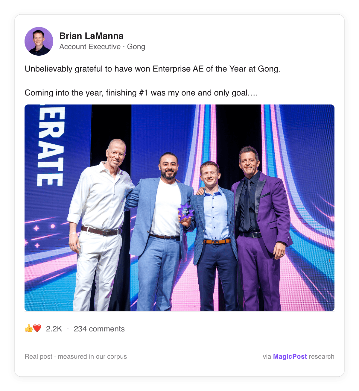 Brian LaManna, an Account Executive at Gong, in a LinkedIn post celebrating Enterprise AE of the Year and crediting his team