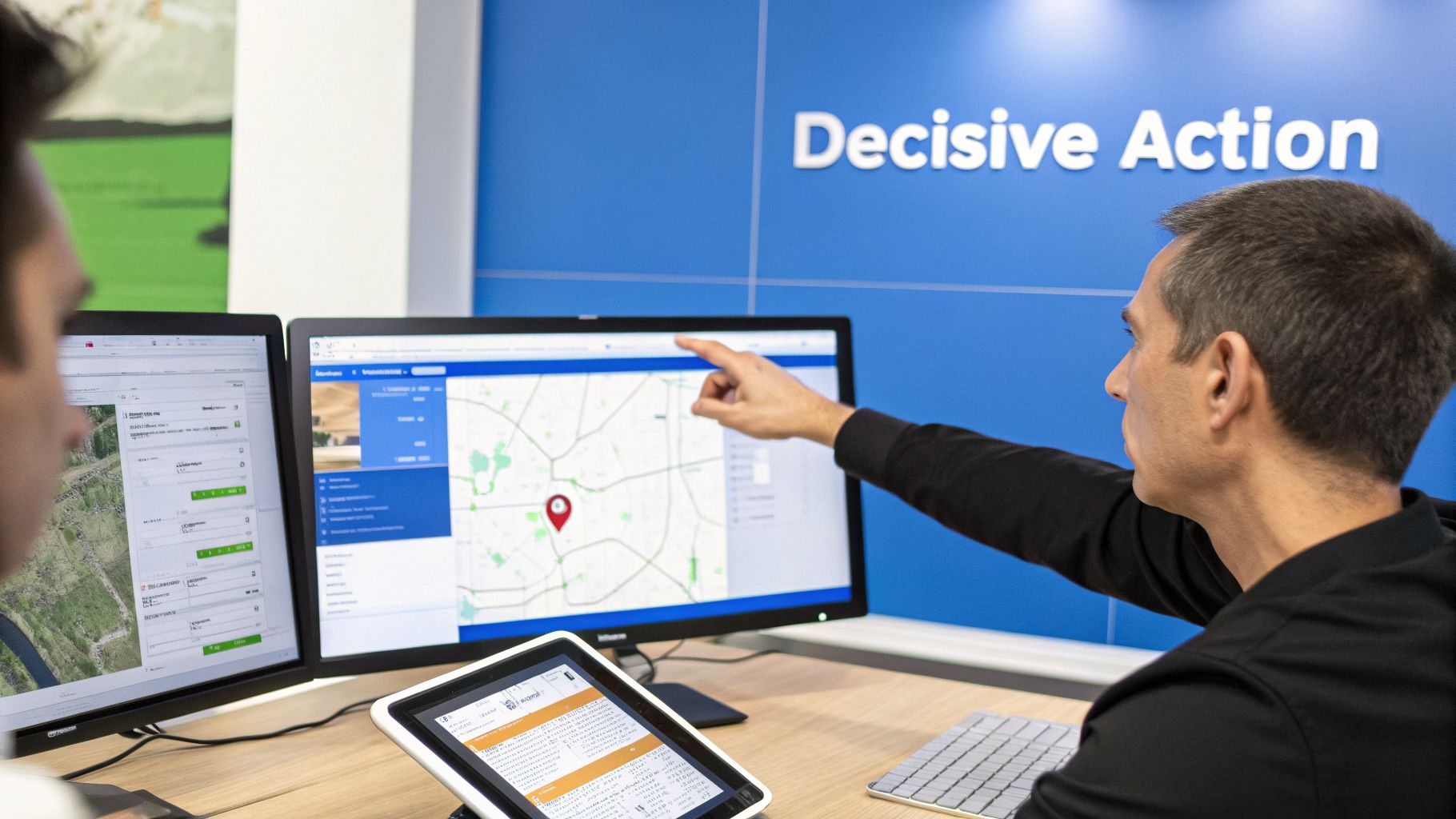 Two men reviewing data and a map on computer screens, with one pointing, under 'Decisive Action' branding.