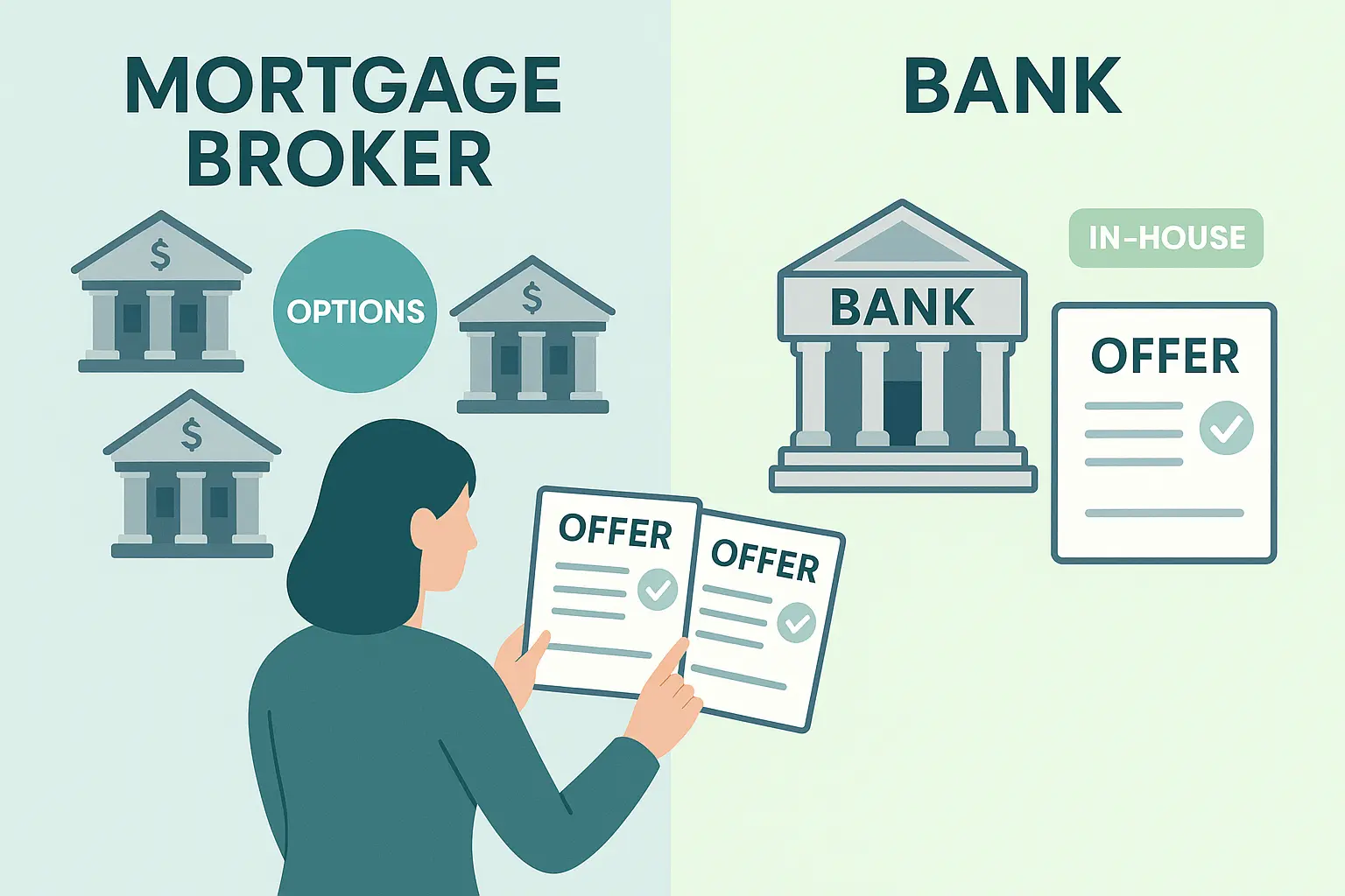 The image shows a borrower comparing multiple loan offers, emphasizing the benefit of shopping around and maximizing choice when securing a home loan.