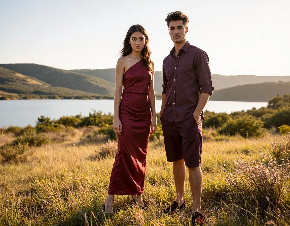 Fashion models in burgundy outfits standing in golden-hour landscape with hills and lake, created with AI photography