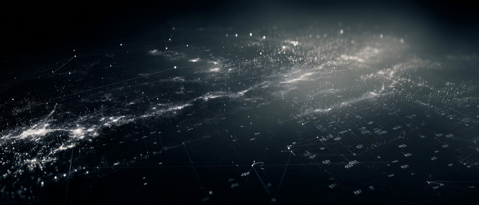 Alt text: Abstract data-visualization scene showing a glowing network of white points and lines stretching across a dark digital grid, suggesting shipment intelligence, connectivity, and real-time visibility.