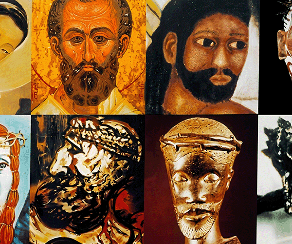 A collage displaying various artistic depictions titled "The Faces of Jesus"