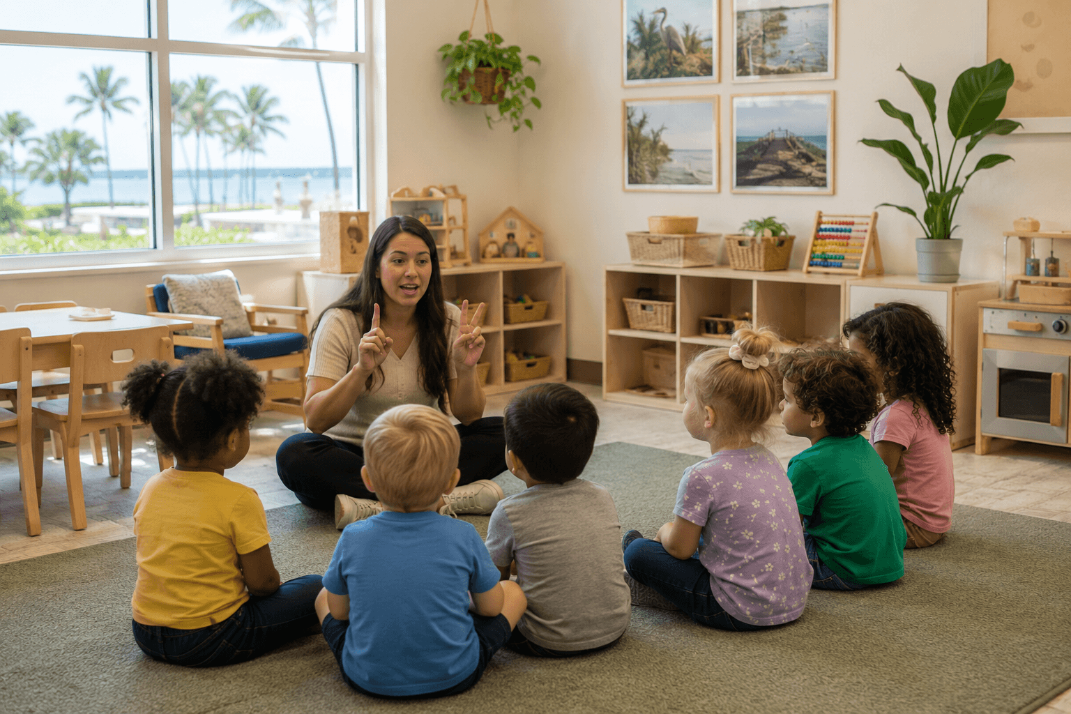 Teacher leading a small group of young children in a listening and following directions activity in a daycare classroom.