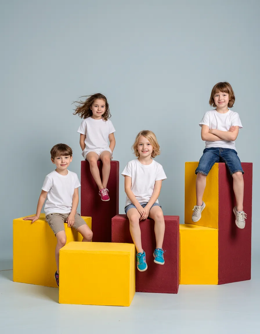 Children in white t-shirts sitting on colorful yellow and maroon geometric blocks against light blue background for catalogue photography
