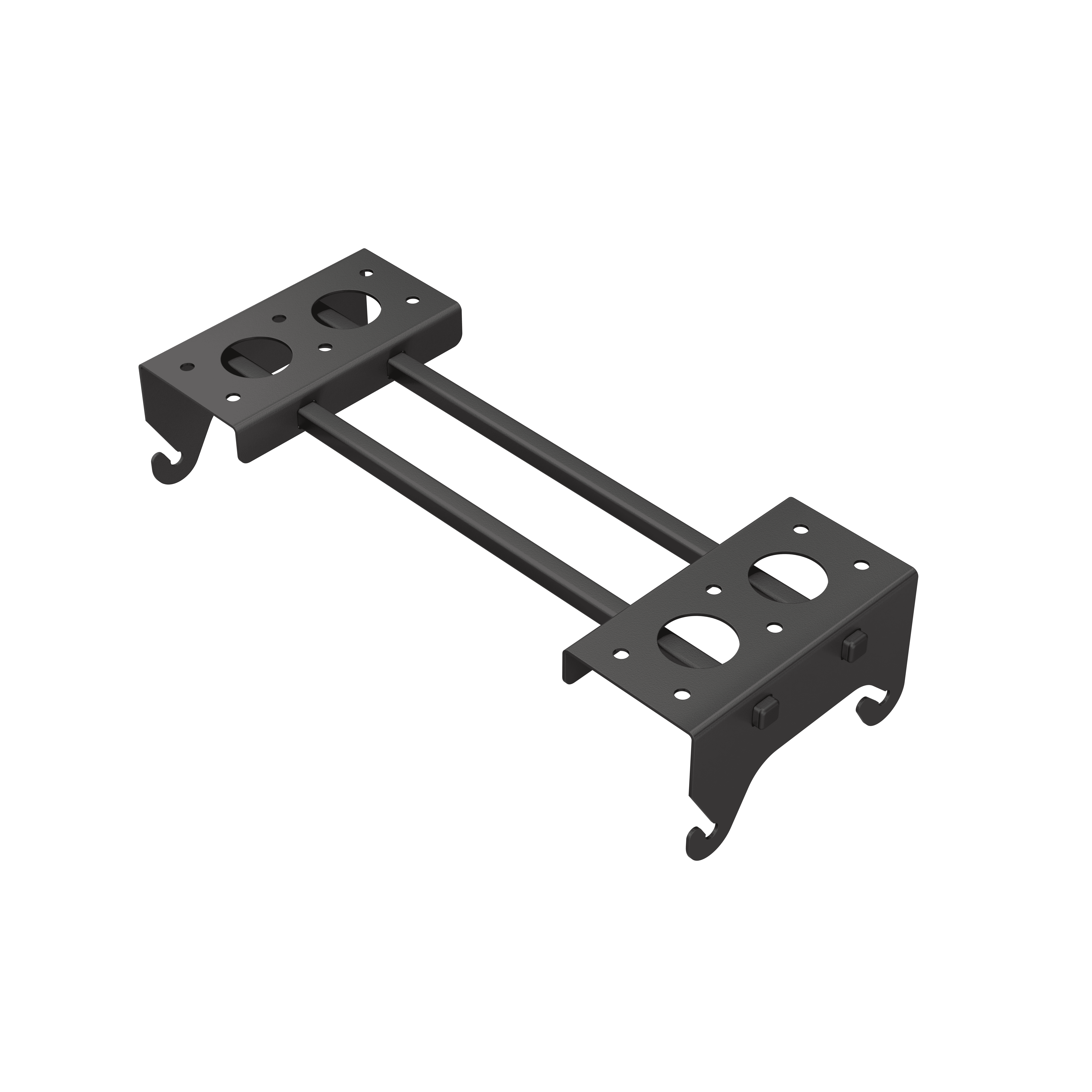 Black metal bracket with two circular cutouts
