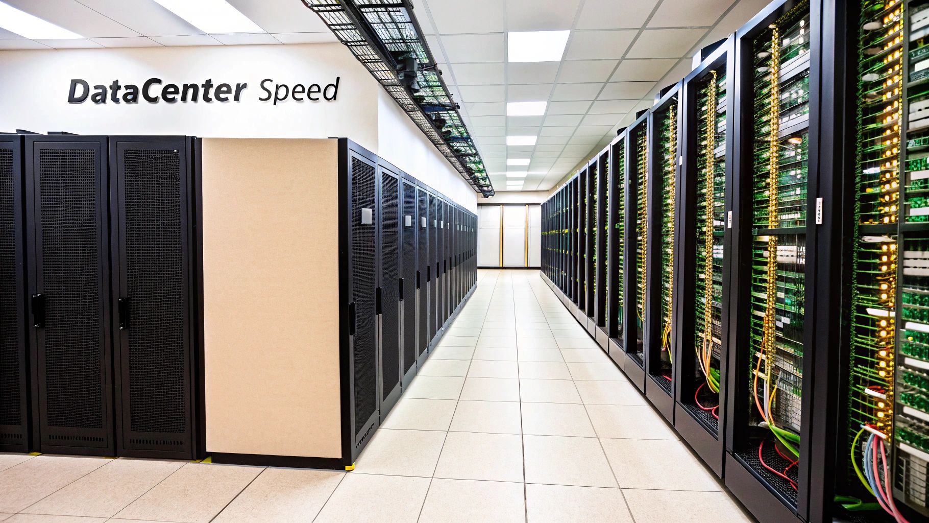 Rows of server racks filled with glowing circuit boards inside a modern data center with 'DataCenter Speed' signage.