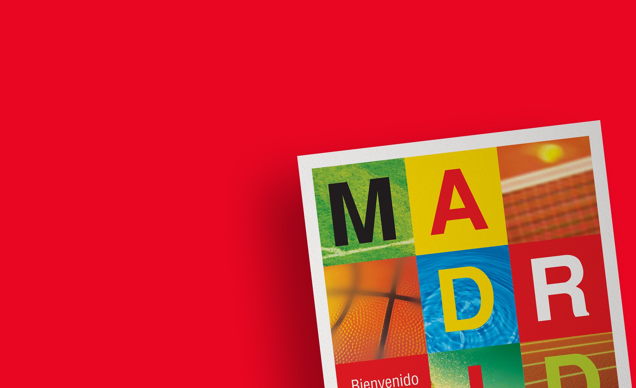 Colorful grid spelling "MADRID" with sports-themed images, like a field and basketball. Set against a bold red background, conveying energy and warmth.