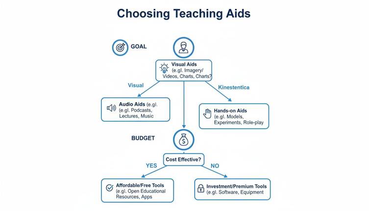 A flowchart illustrating the process of choosing teaching aids based on learning styles and budget.