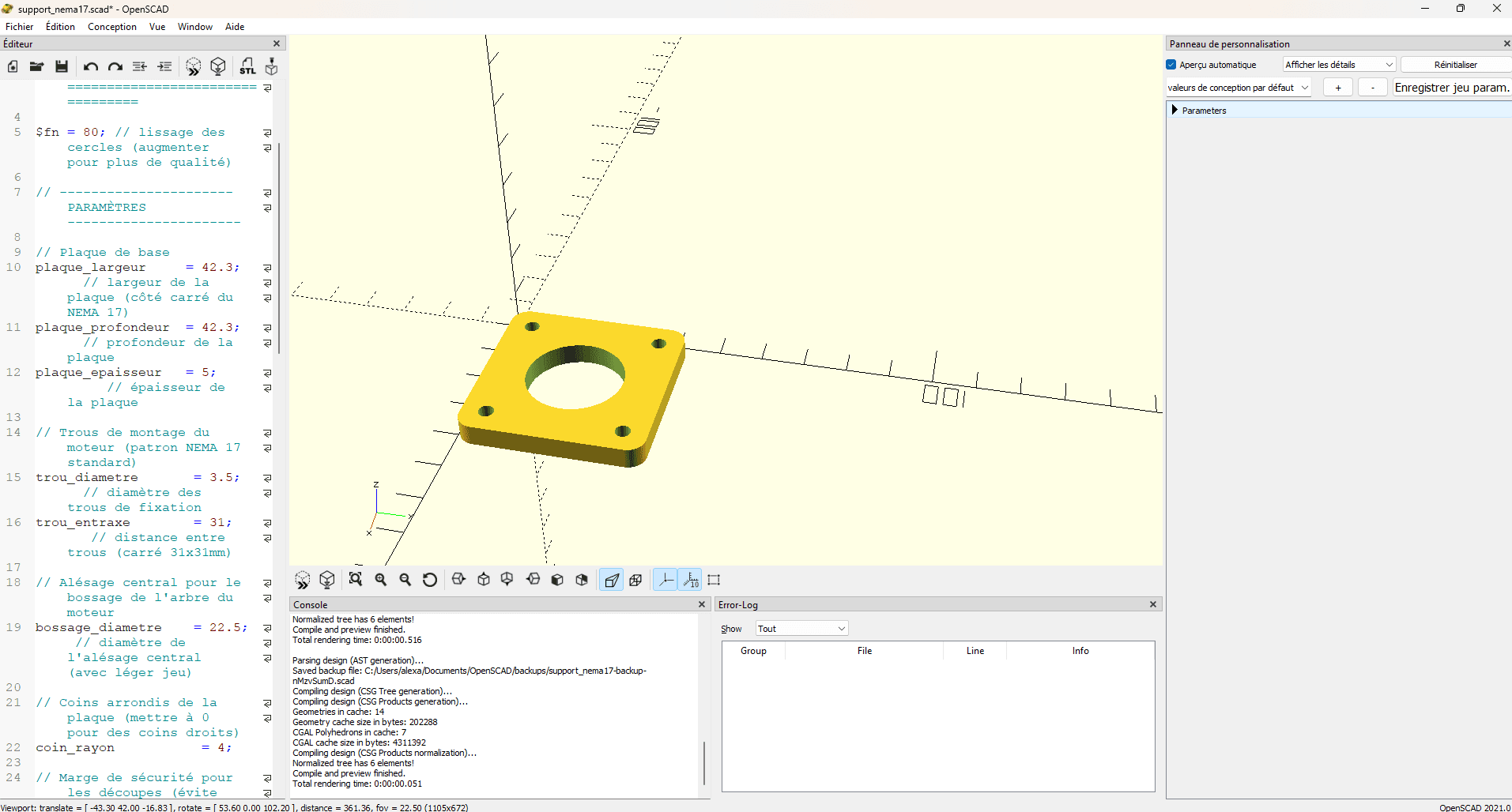 OpenSCAD software interface showing a yellow, square parametric NEMA 17 motor mount plate rendered in the 3D viewport alongside its corresponding code panel and console window.