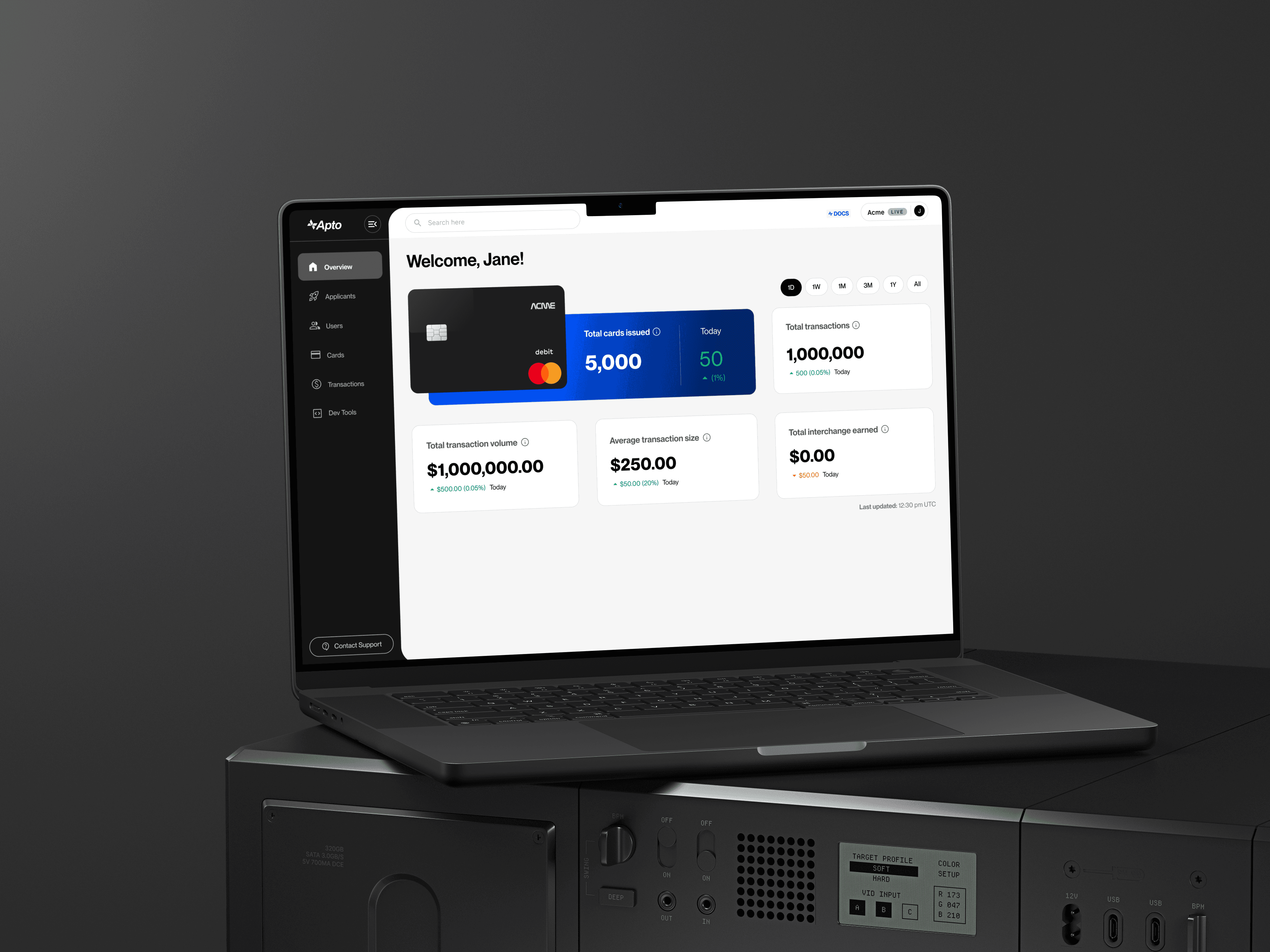 Apto Payments Developer Portal 2.0 mockup on a laptop with a dark background