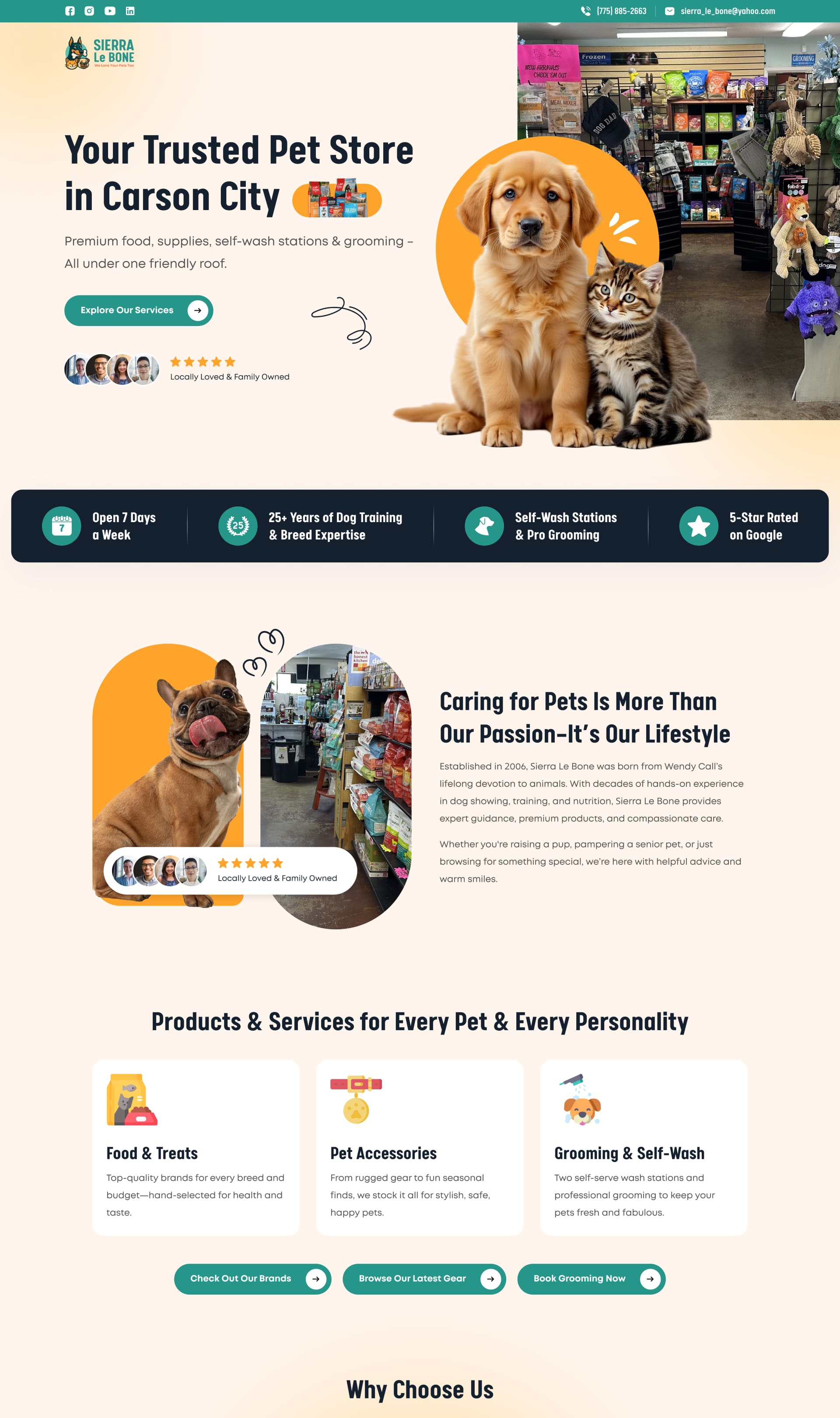 pet store ecommerce website design with product showcase and service sections | StackAura