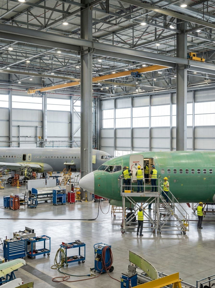 Modern commercial aircraft from Boeing and Airbus in an industrial setting.