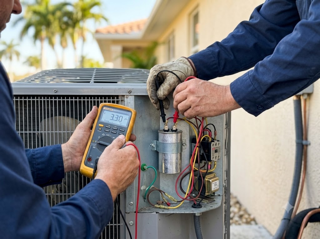 HVAC technician testing an AC capacitor with a multimeter inside an outdoor unit